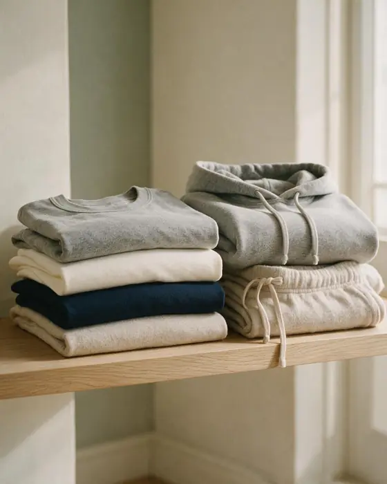 Folded jersey t-shirts, a hoodie and lounge pants on a shelf