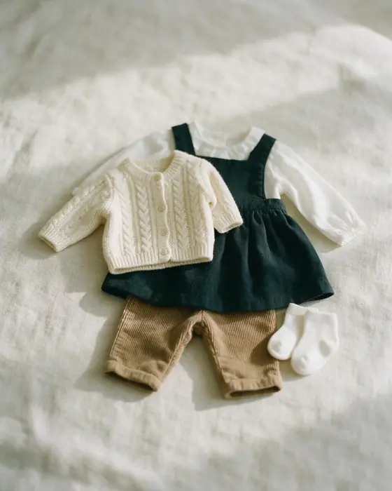 Small children's cardigan, pinafore dress and corduroy trousers laid flat