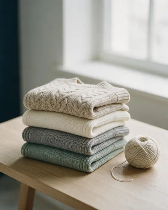 A stack of folded cable and rib knit sweaters in neutral tones