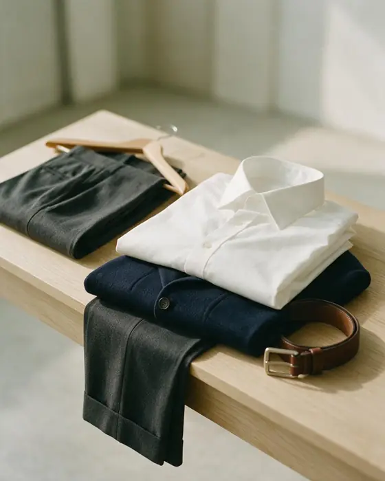 A folded white dress shirt, navy blazer and charcoal trousers