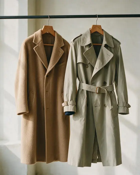 A camel overcoat and a stone trench coat hanging on a rail