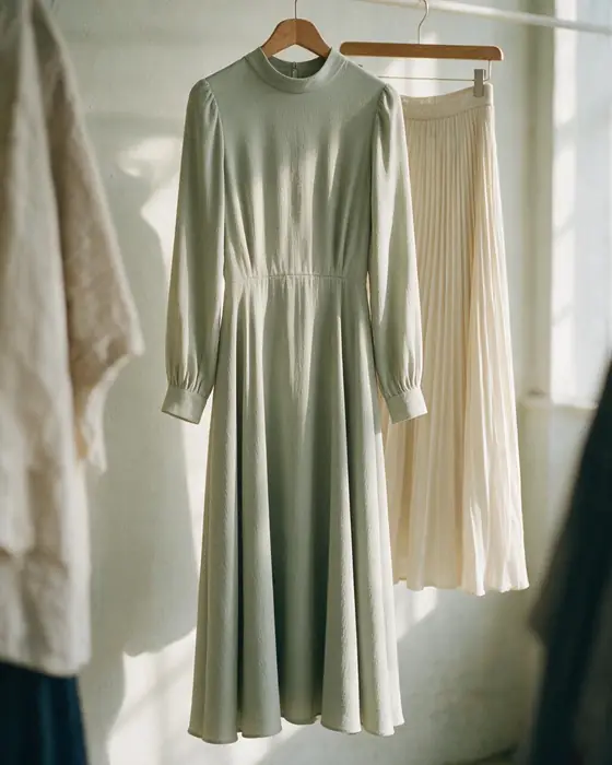 A long-sleeve sage maxi dress and a long pleated ivory skirt on hangers