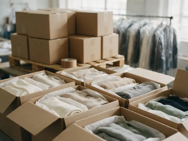 Folded garments in tissue inside kraft shipping boxes, with stacked cartons