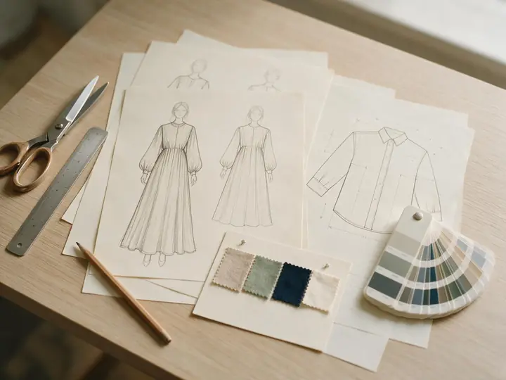 Design sketches, technical flats and fabric swatches on a desk