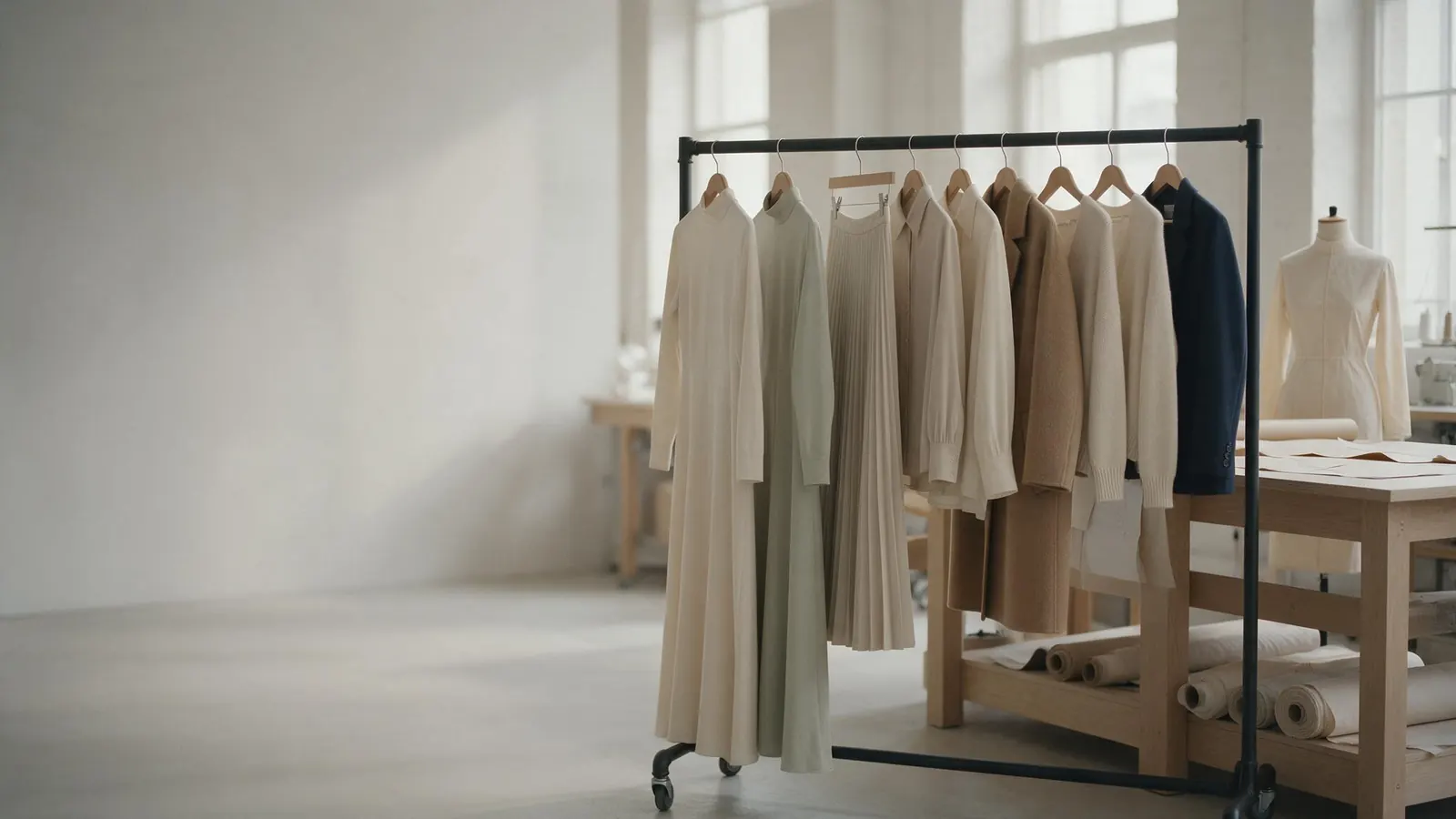 A sunlit atelier with a rail of finished garments, a cutting table and a dress form wearing a muslin toile