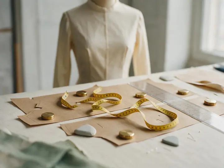 Paper patterns, a measuring tape and a grading ruler on a pattern table