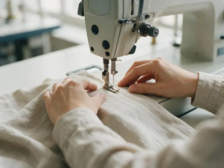 Hands guiding linen fabric through an industrial sewing machine