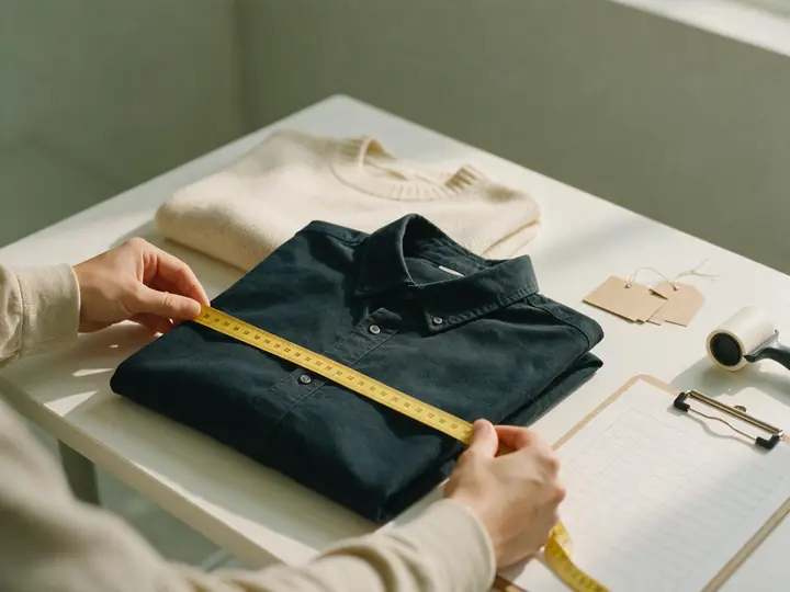 A folded shirt measured with a tape on a quality-control table